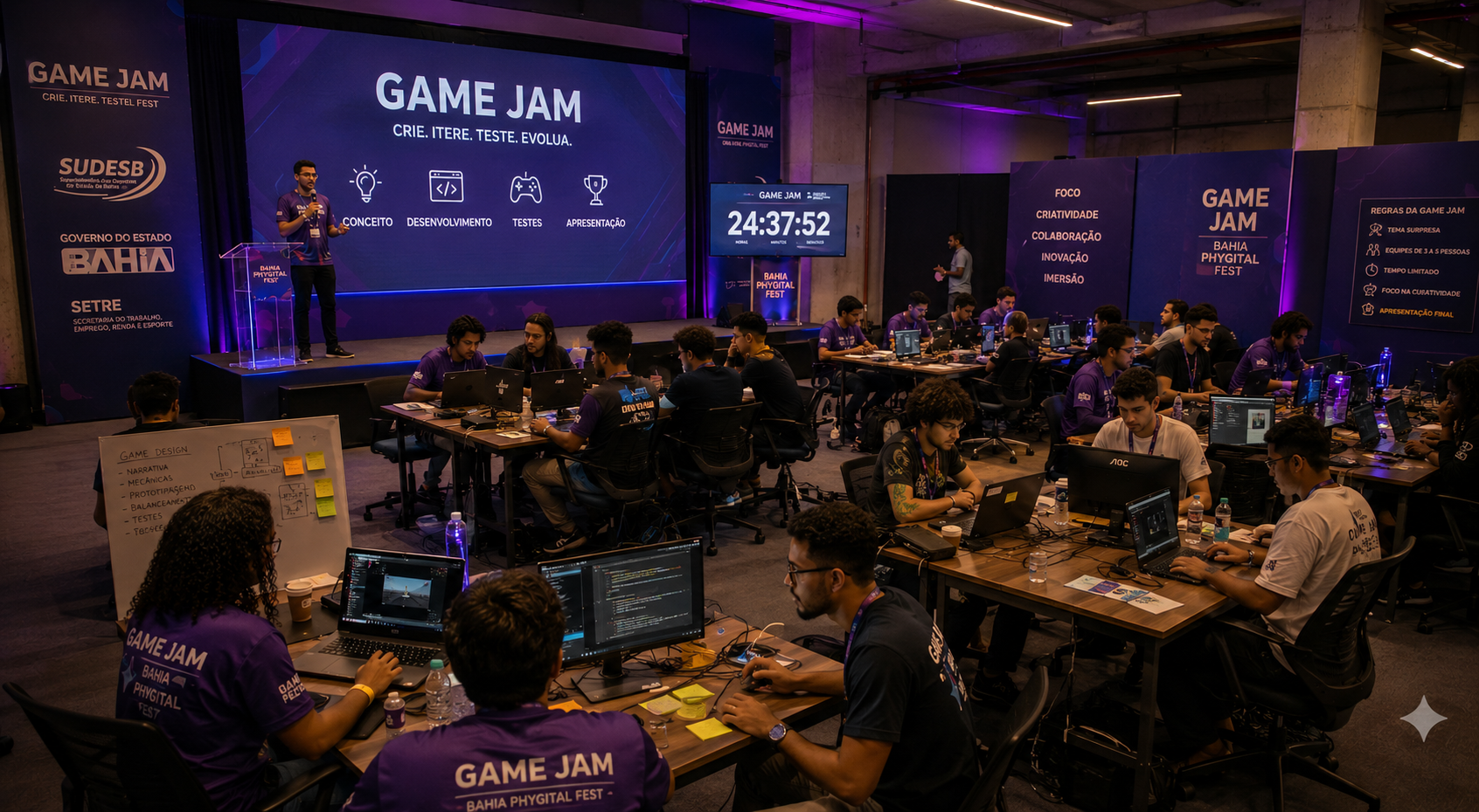 Game Jam FBGE — equipes desenvolvendo jogos ao vivo durante o Bahia Phygital Fest