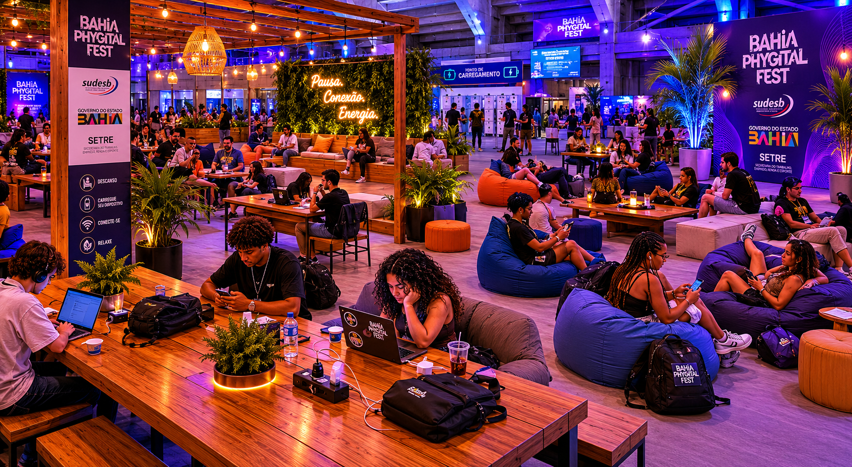 Área de convivência do Bahia Phygital Fest, comunidade reunida