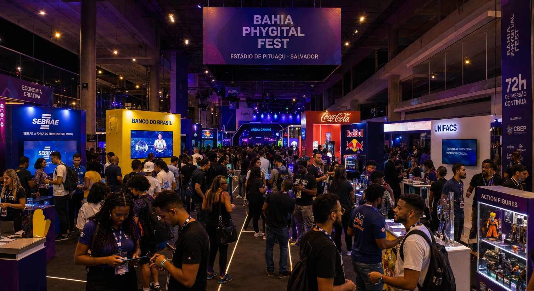 Piso de expo do Bahia Phygital Fest, estandes de patrocinadores e público circulando